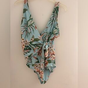 Kona Sol Tropical Floral Light Blue Wrap-Front Kids One-Piece